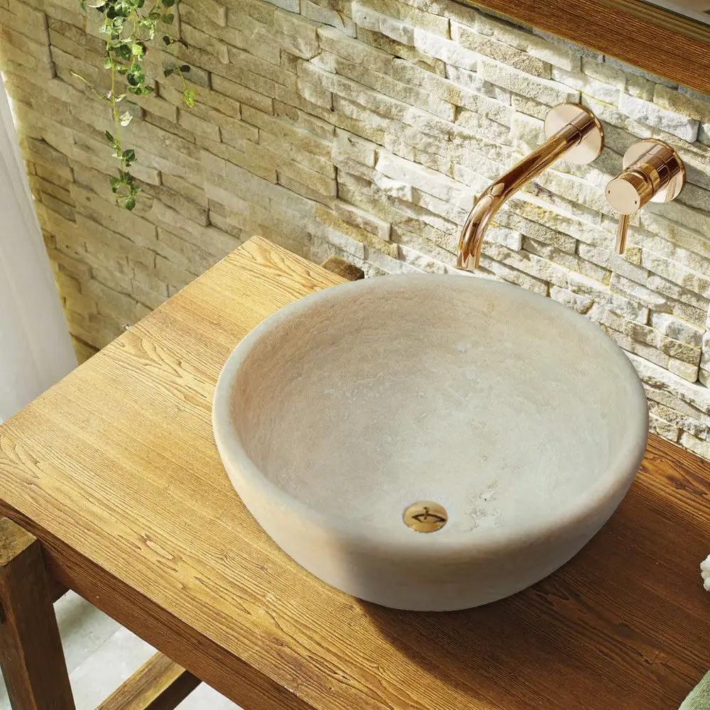 Beige Travertine Natural Stone Vessel Sink - Honed and Filled 16x6 by GobekDesign