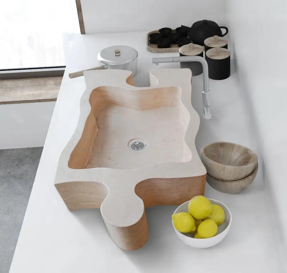 Natural Stone Beige Travertine Vessel Sink - Puzzle 16x27.5x6 by GobekDesign