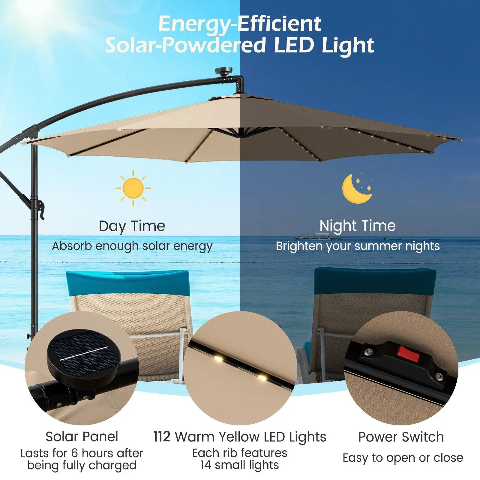 10 Feet Patio Offset Umbrella with 112 Solar-Powered LED Lights by DirectDeals