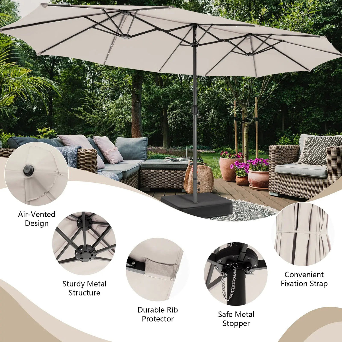 15 Feet Double-Sided Patio Umbrella with 48 LED Lights by DirectDeals