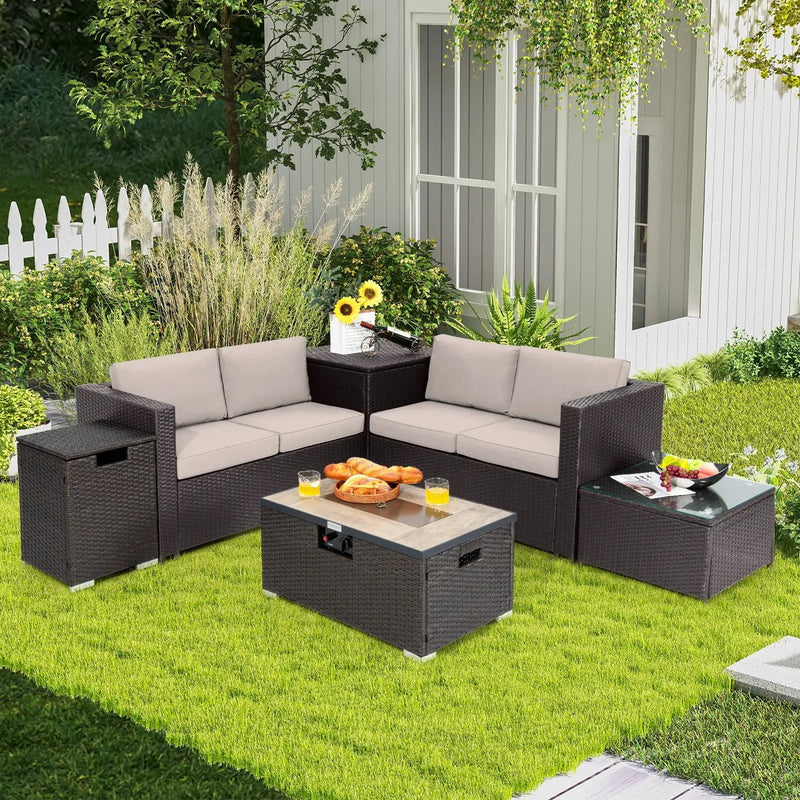 6 Pieces Outdoor Wicker Furniture Set with 32 Inch Propane Fire Pit Table by DirectDeals