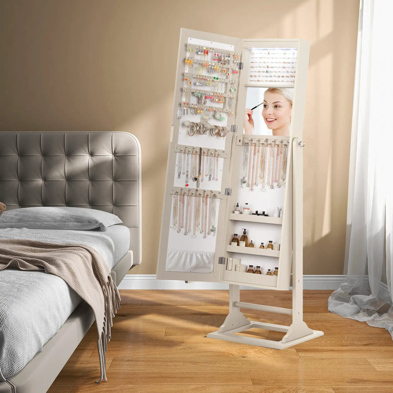 Freestanding Lockable Jewelry Armoire with Full-Length Mirror and 6 LED Lights by DirectDeals