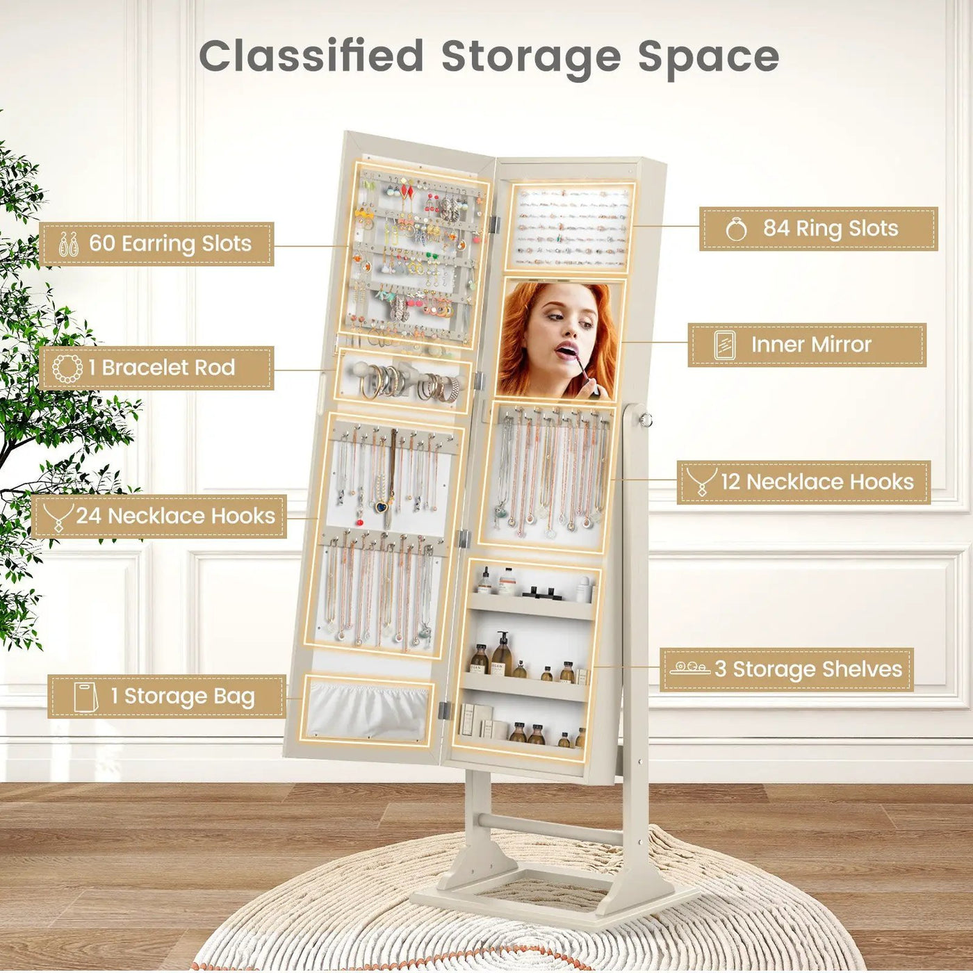 Freestanding Lockable Jewelry Armoire with Full-Length Mirror and 6 LED Lights by DirectDeals
