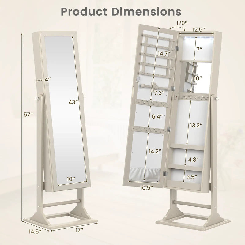 Freestanding Lockable Jewelry Armoire with Full-Length Mirror and 6 LED Lights by DirectDeals