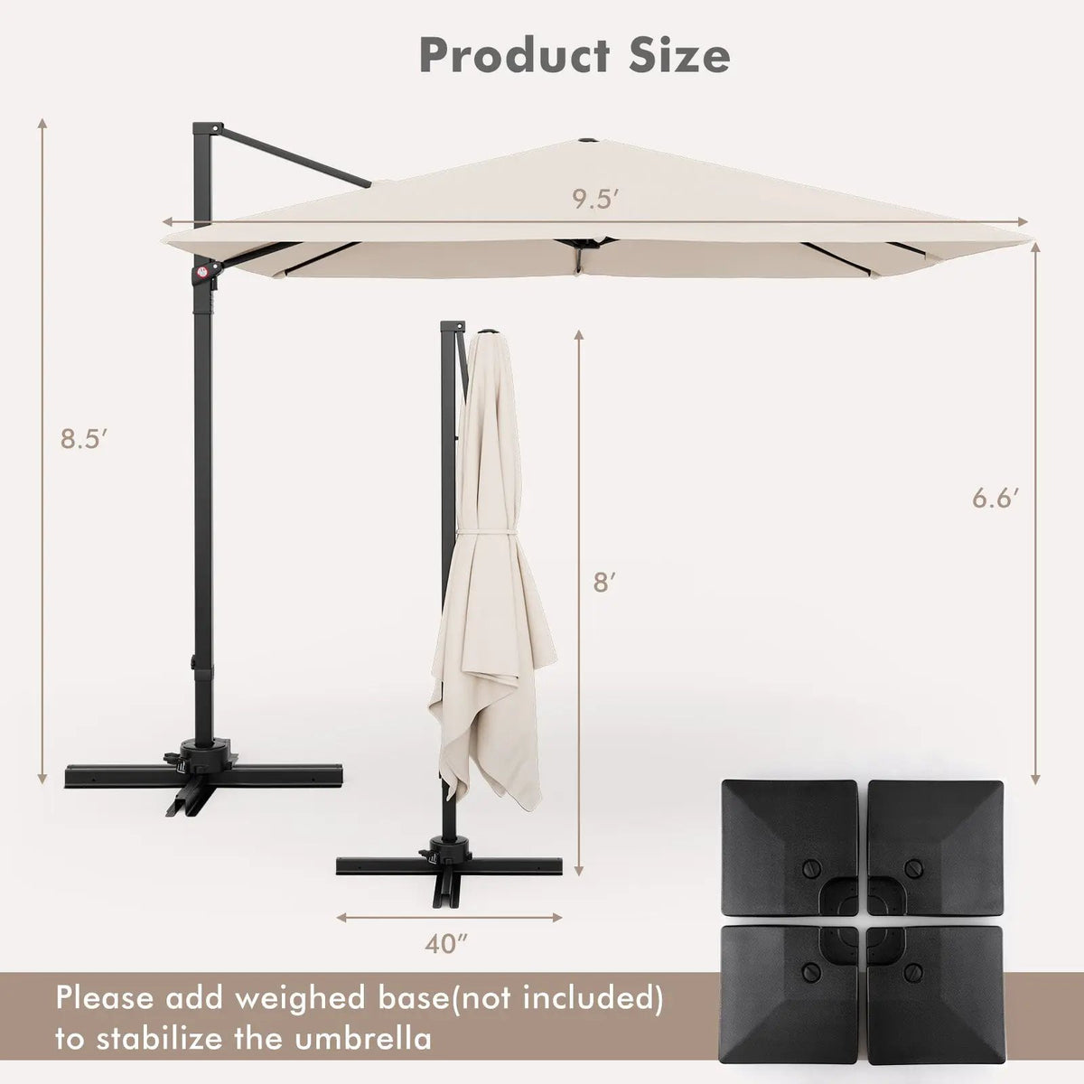 9.5 Feet Square Patio Cantilever Umbrella with 360° Rotation by DirectDeals