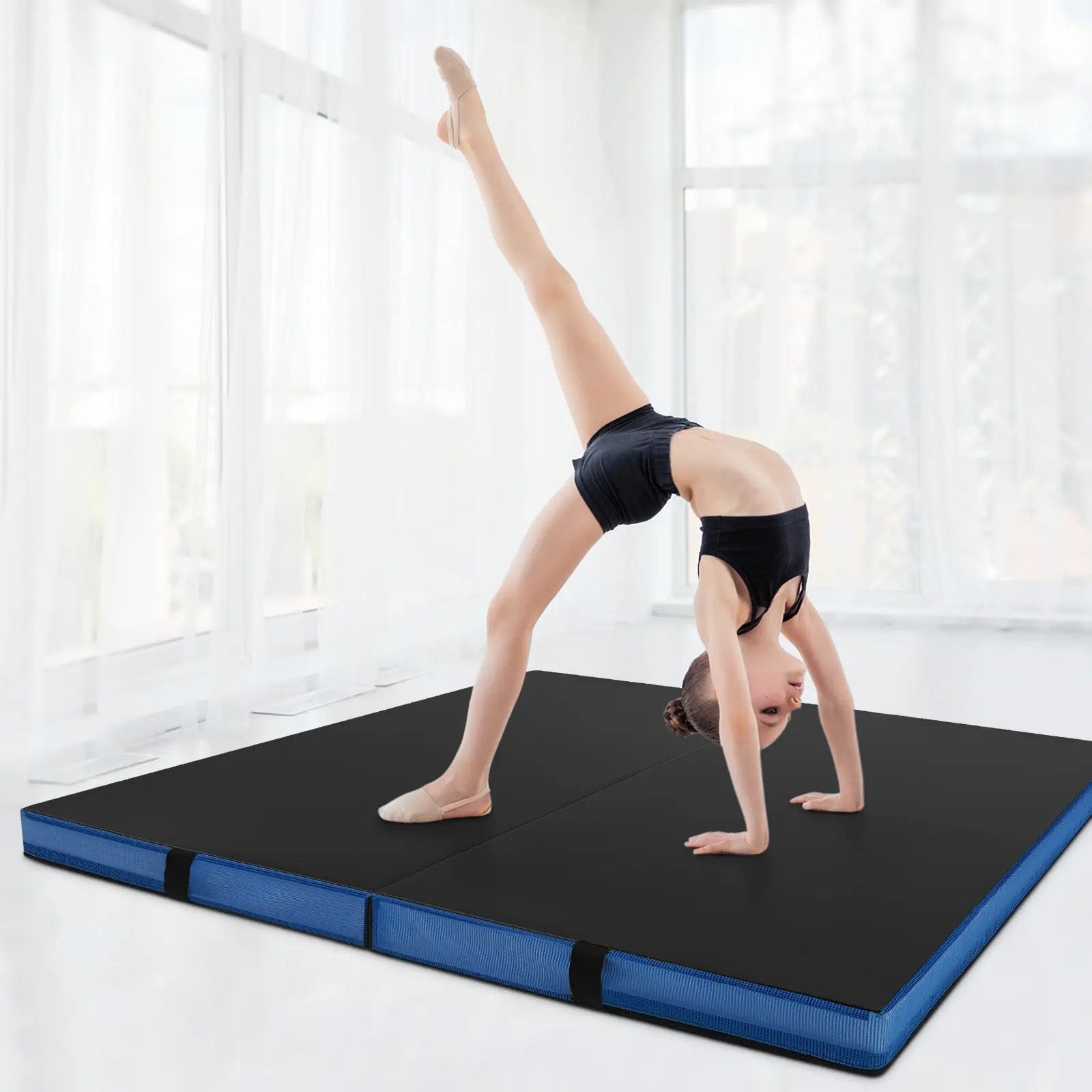 Bi-Fold Gymnastics Mat Thick Folding Exercise Mat with Carrying Handles-Black by DirectDeals