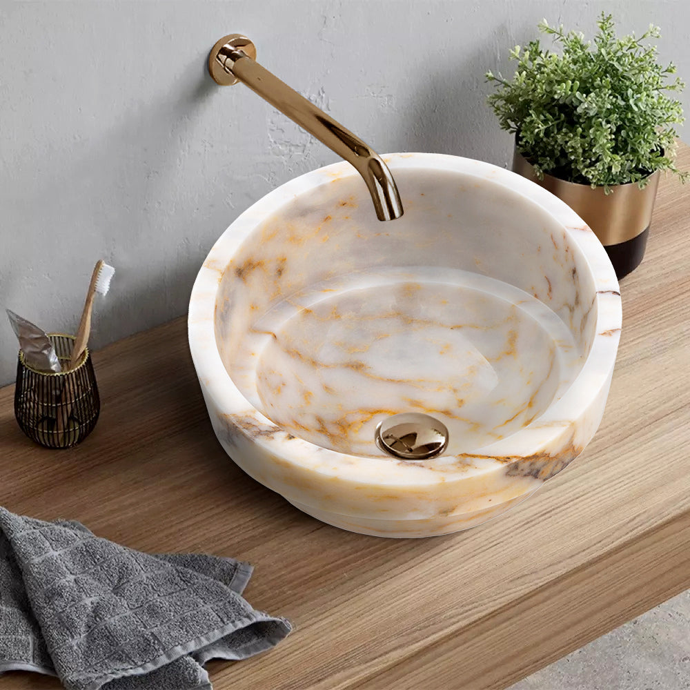 Bianco Giallo Marble Special Design Vessel Sink Bowl Polished (D)16" (H)9" by GobekDesign