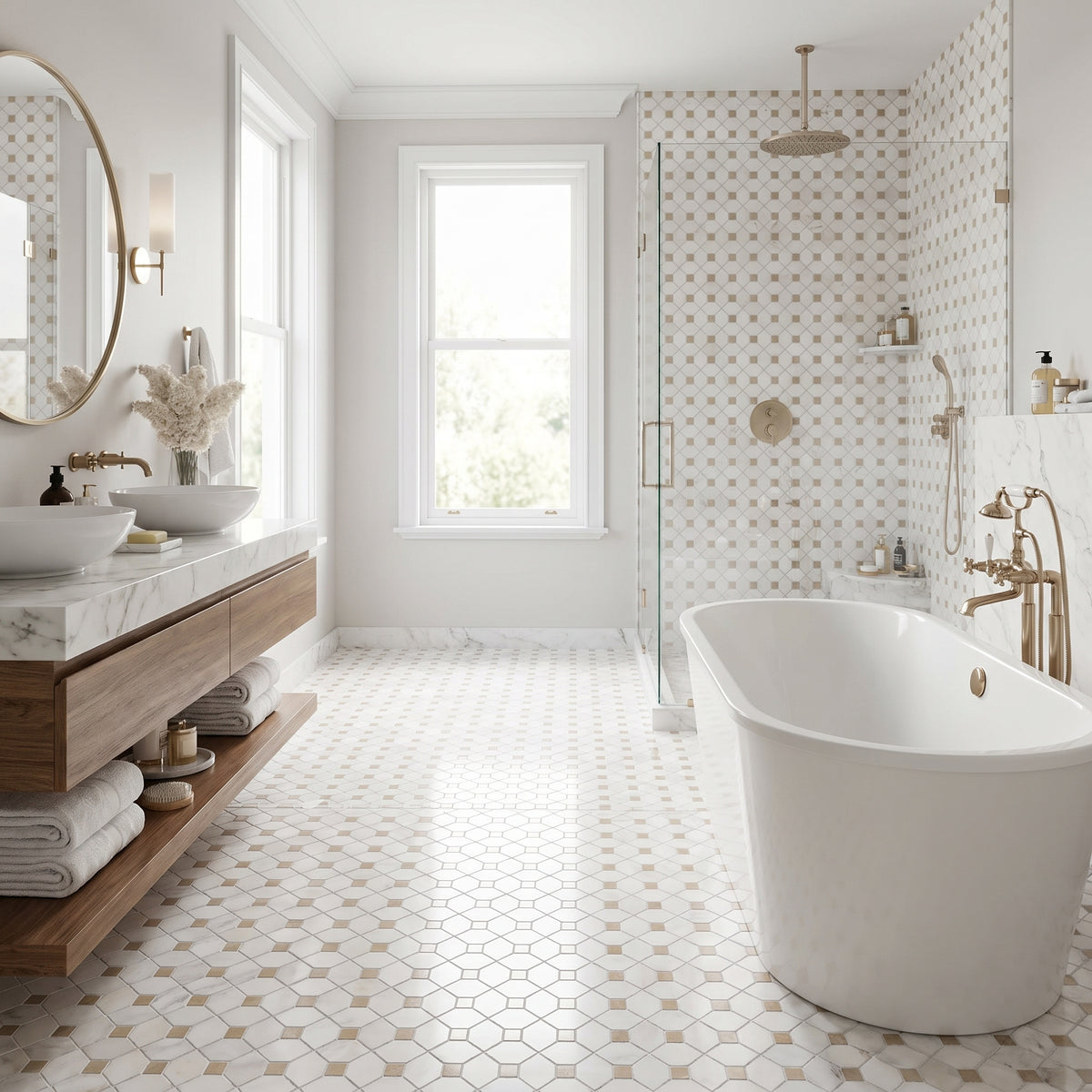 A bright, modern bathroom featuring a white freestanding bathtub, a wooden vanity with a marble countertop, and a glass walk-in shower. The walls and floor are decorated with white hexagonal mosaic tiles with subtle gold/beige outlines, and the fixtures are in a warm brass/gold finish.