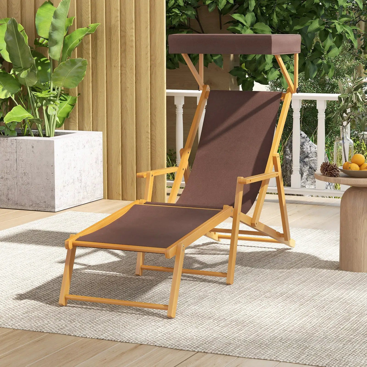 Birch Wood Chaise Lounge Chair Foldable Beach Chair with Adjustable Canopy by DirectDeals