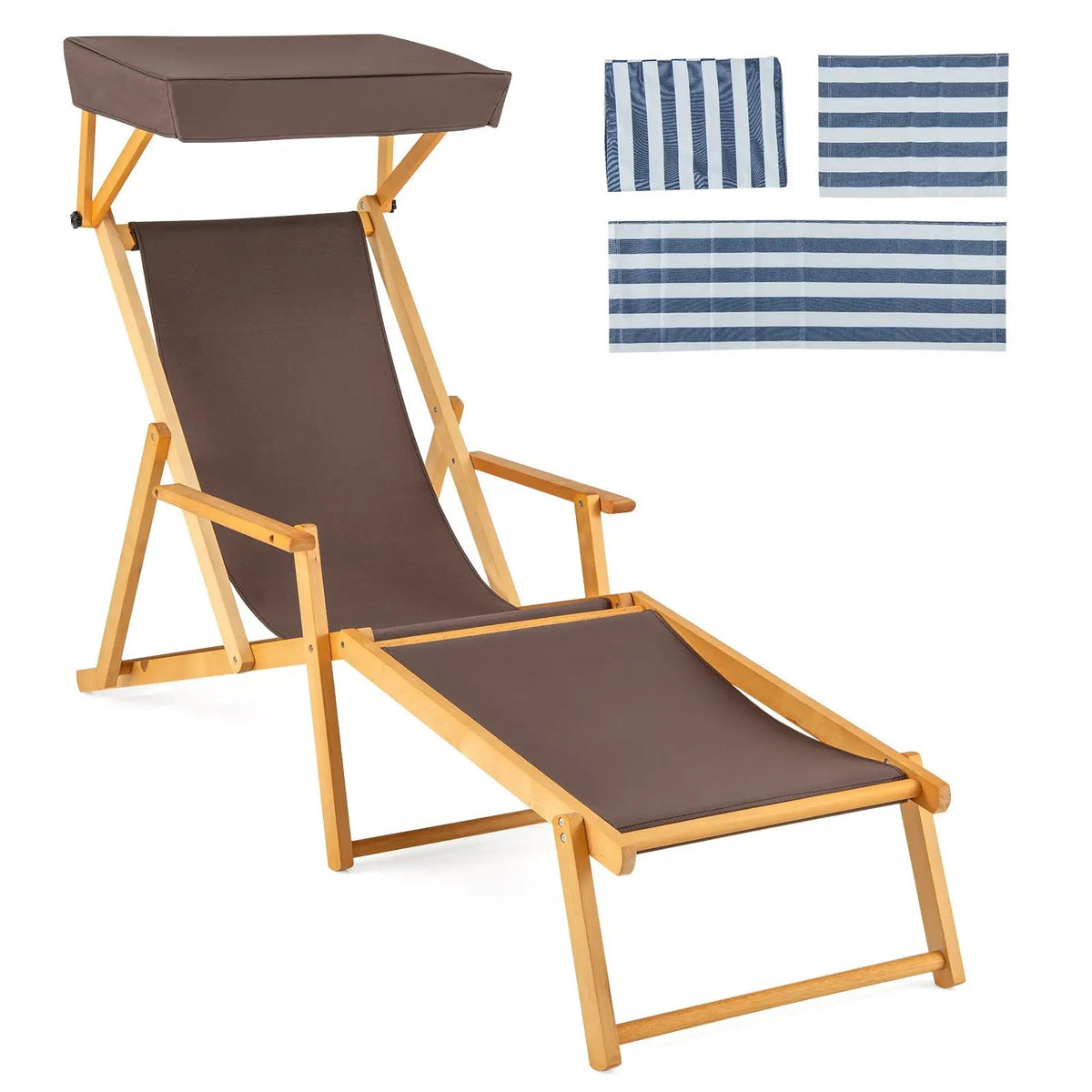 Birch Wood Chaise Lounge Chair Foldable Beach Chair with Adjustable Canopy by DirectDeals