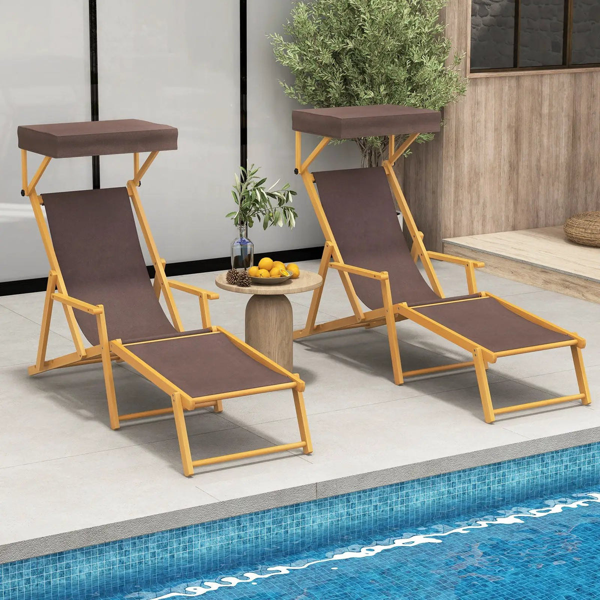 Birch Wood Chaise Lounge Chair Foldable Beach Chair with Adjustable Canopy by DirectDeals