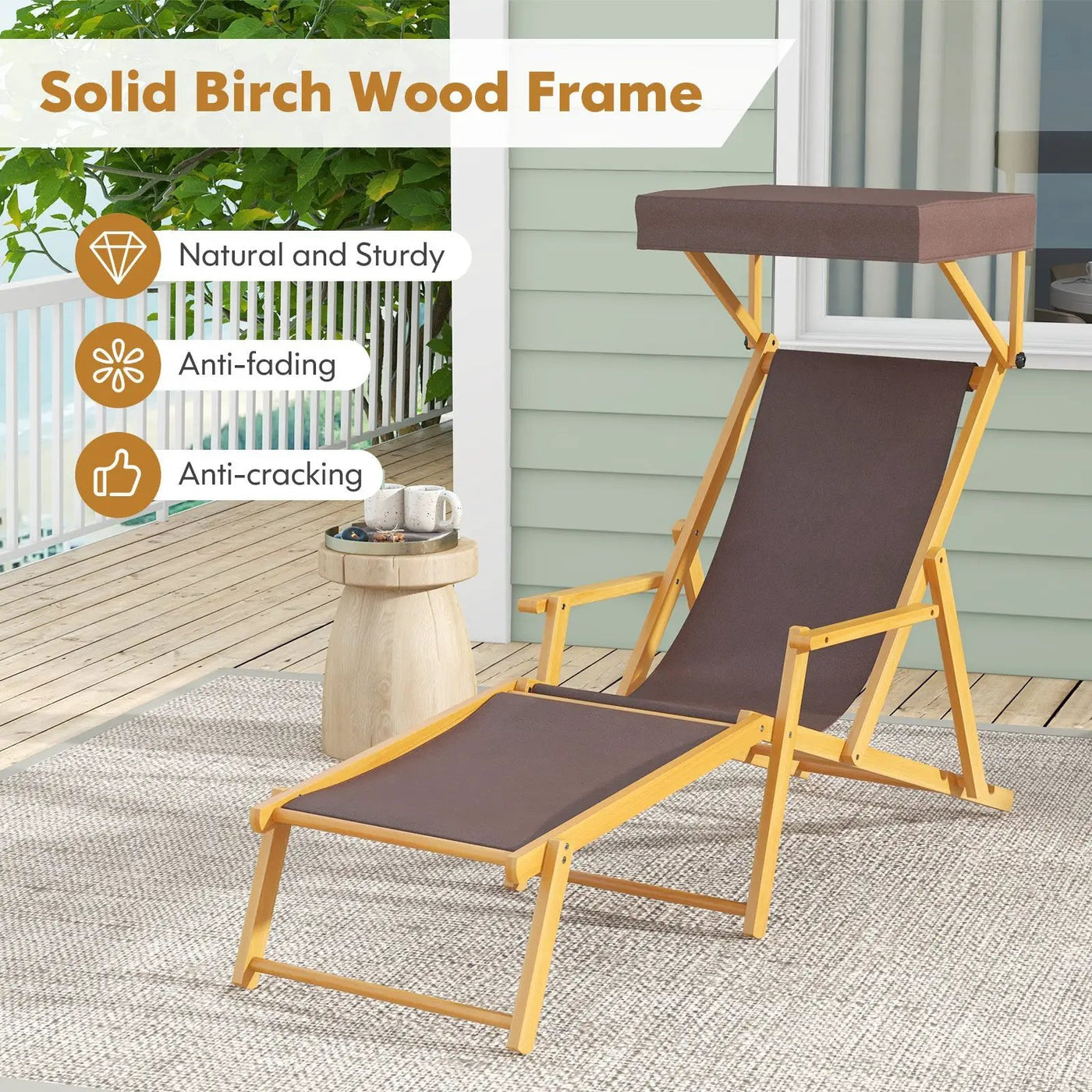 Birch Wood Chaise Lounge Chair Foldable Beach Chair with Adjustable Canopy by DirectDeals