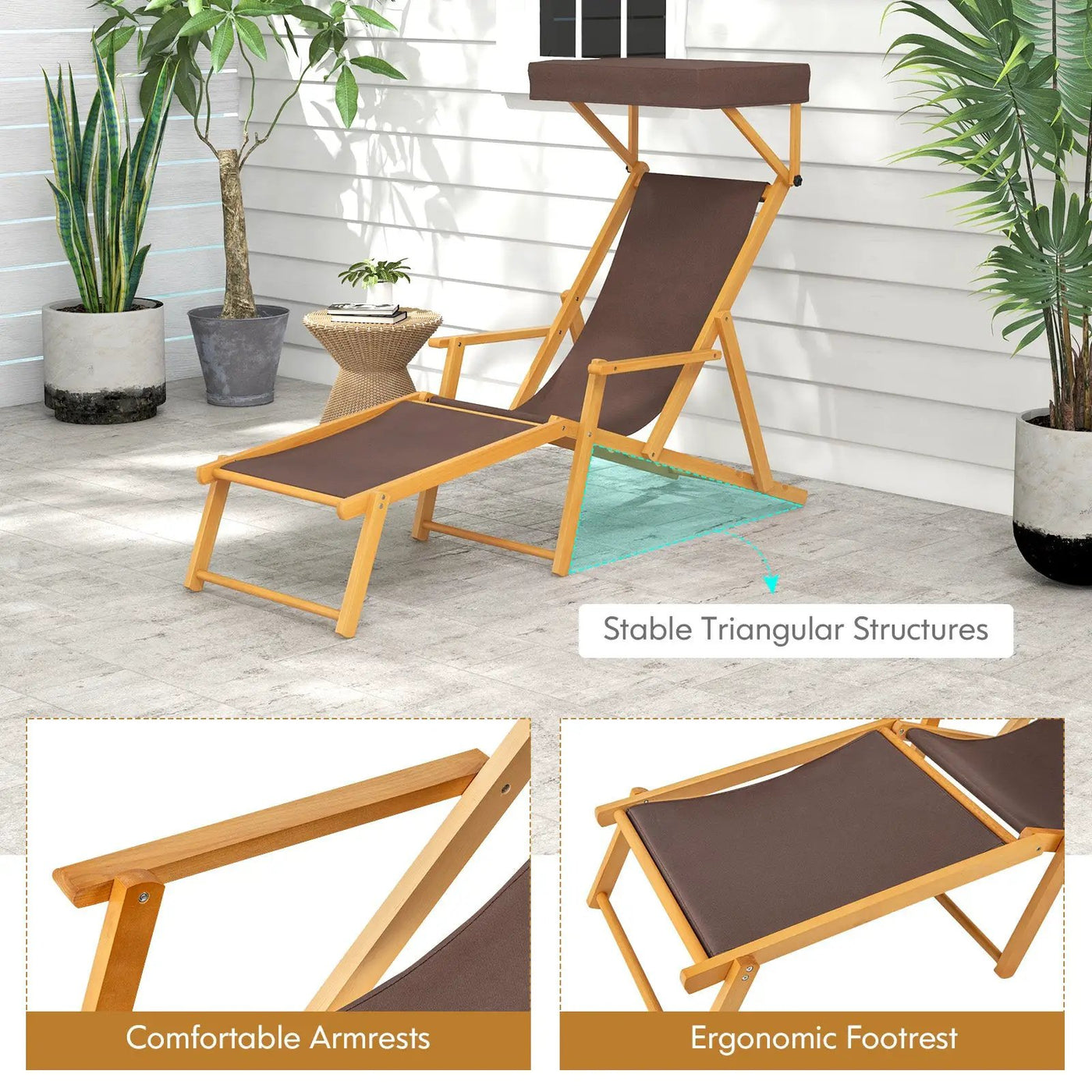 Birch Wood Chaise Lounge Chair Foldable Beach Chair with Adjustable Canopy by DirectDeals