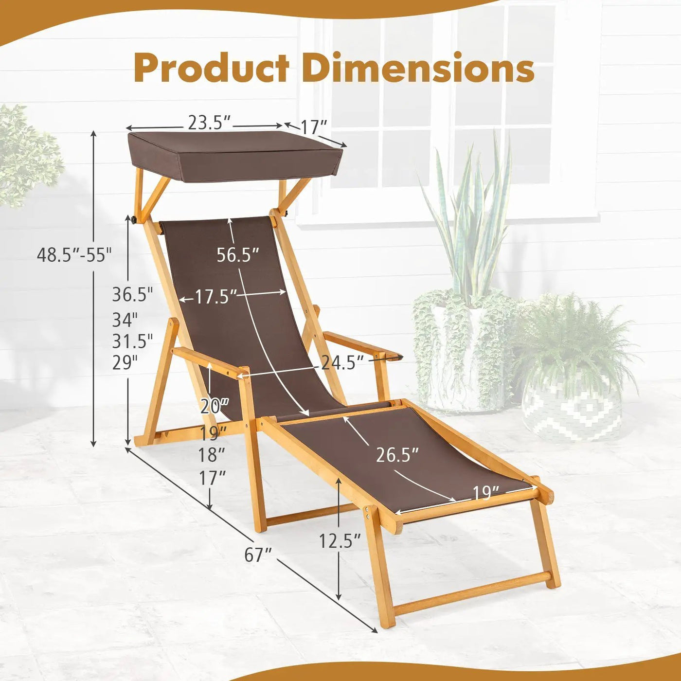 Birch Wood Chaise Lounge Chair Foldable Beach Chair with Adjustable Canopy by DirectDeals