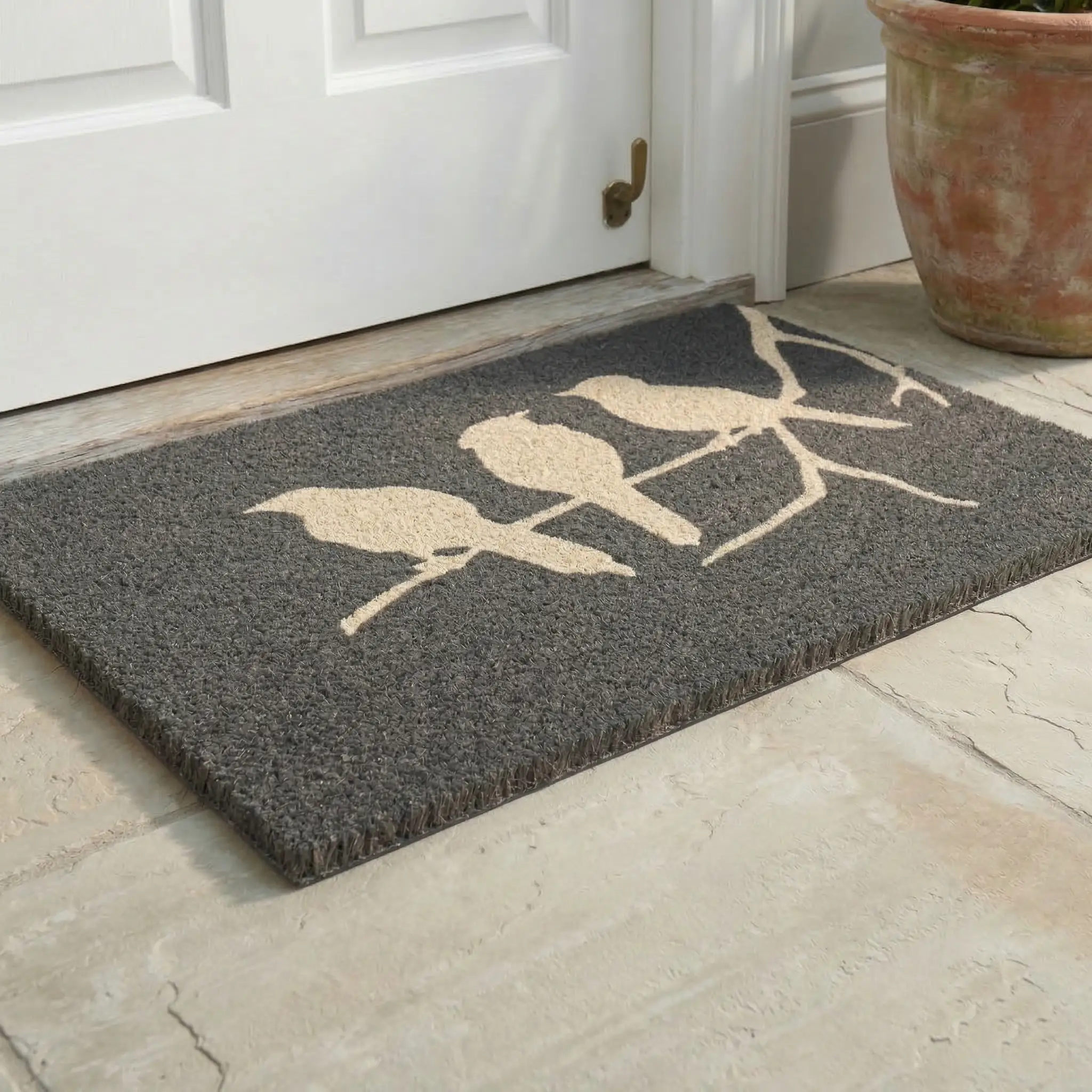 Birds On Branch - Gray Coir Doormat by Fab Habitat