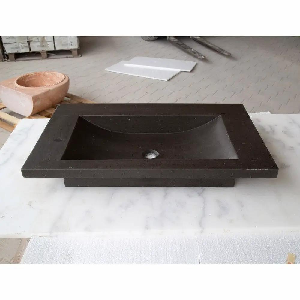 Black Andesite Natural Stone Rectangular Vessel Sink Honed Matte 20x33 by GobekDesign