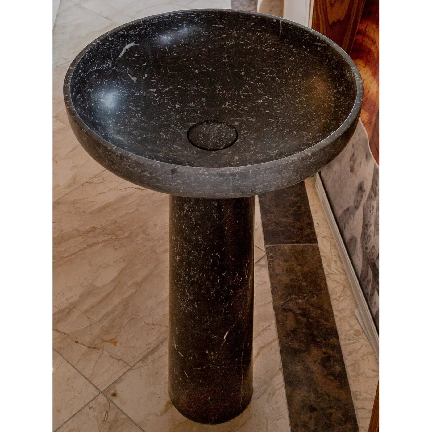 Black Marble Pedestal Round Sink with Polished Finish - 20 Diameter by 33.5 Inches by GobekDesign