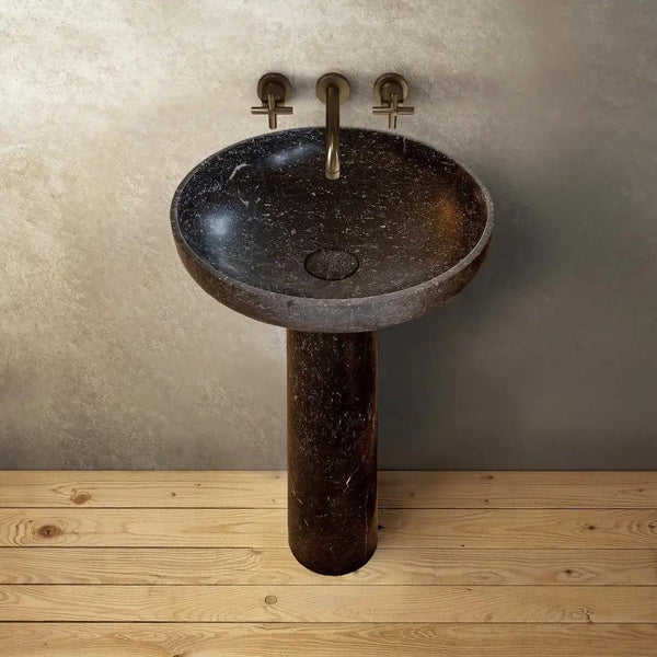 Black Marble Pedestal Round Sink with Polished Finish - 20 Diameter by 33.5 Inches