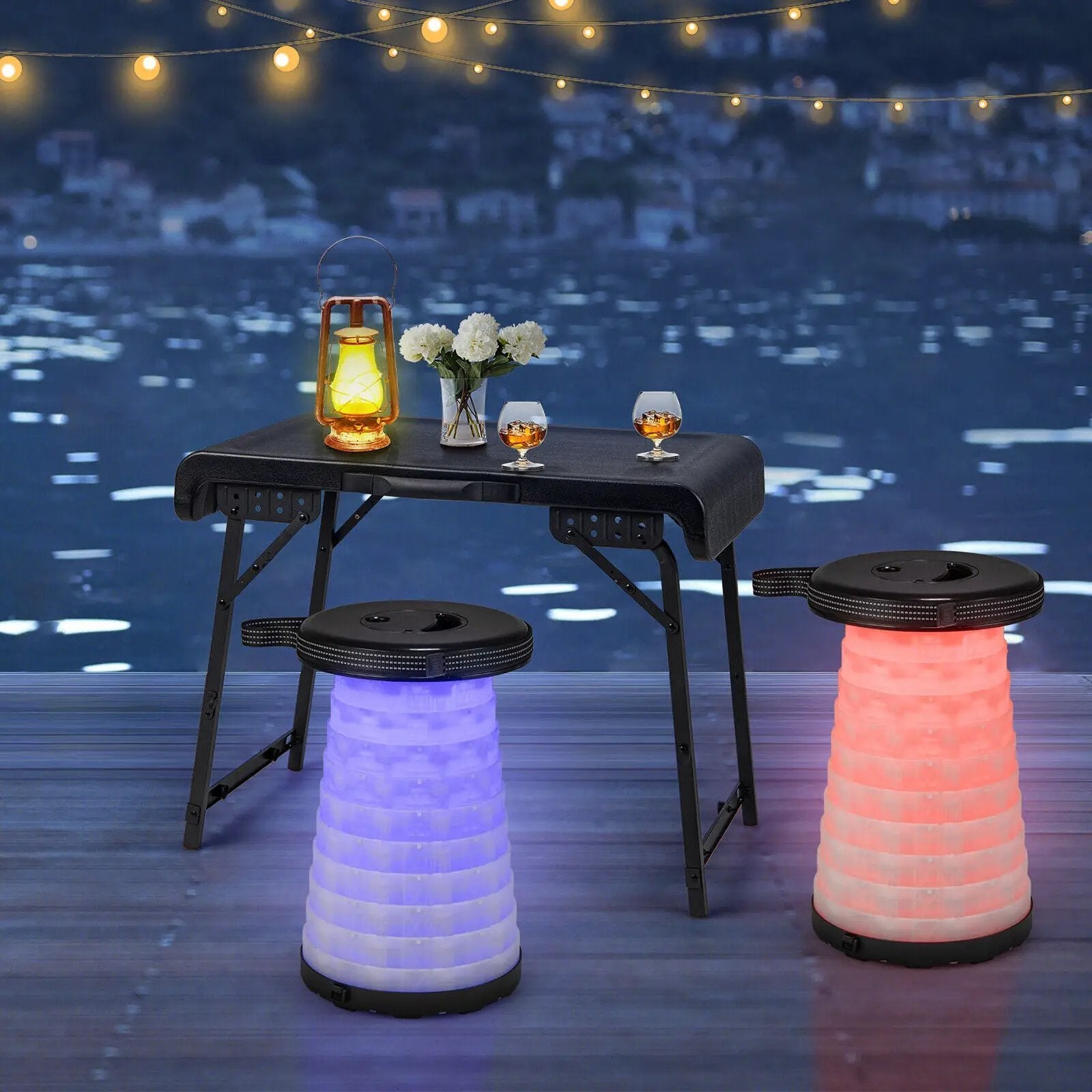 3 Pieces Folding Camping Table Stool Set with 2 Retractable LED Stools-Black by DirectDeals