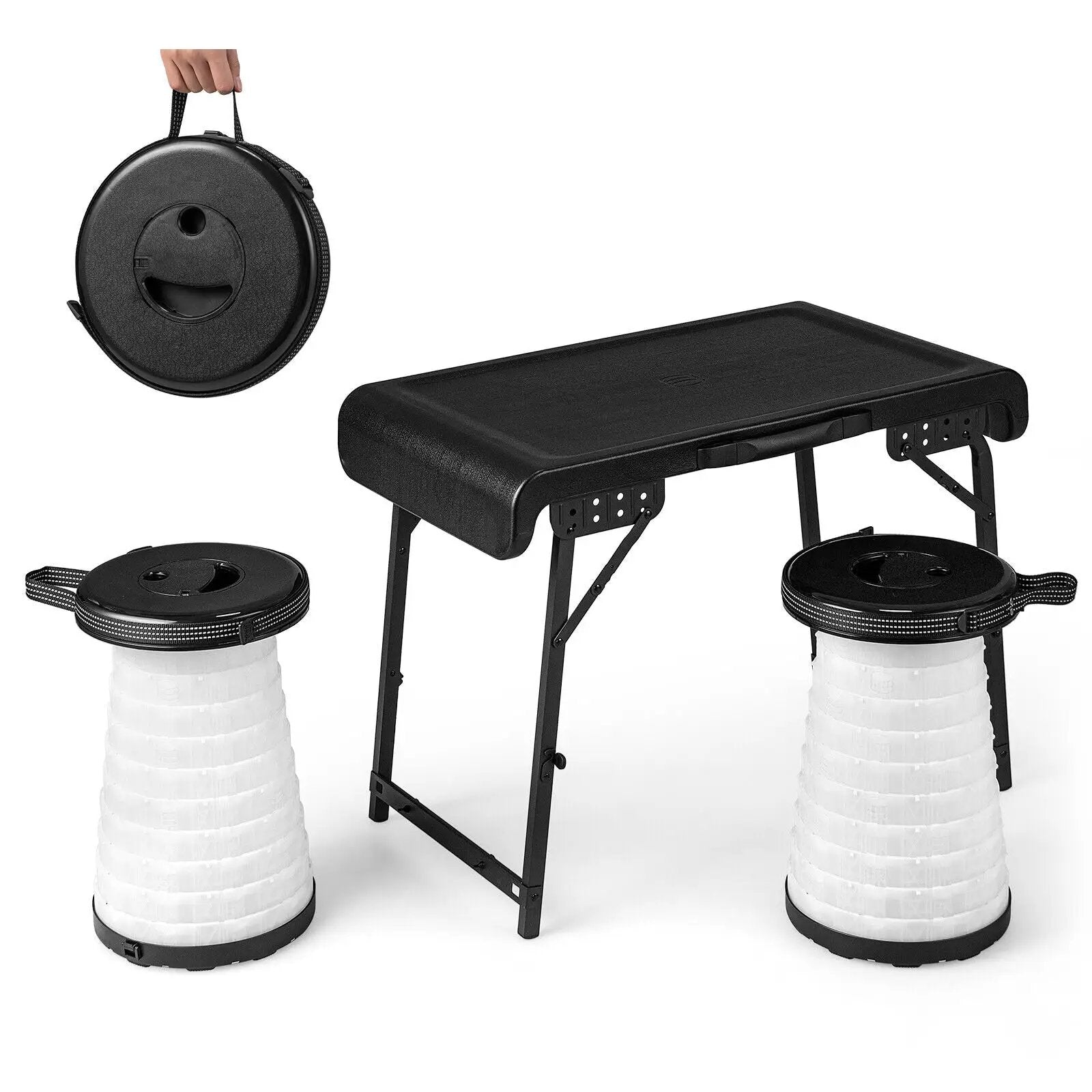 3 Pieces Folding Camping Table Stool Set with 2 Retractable LED Stools-Black by DirectDeals