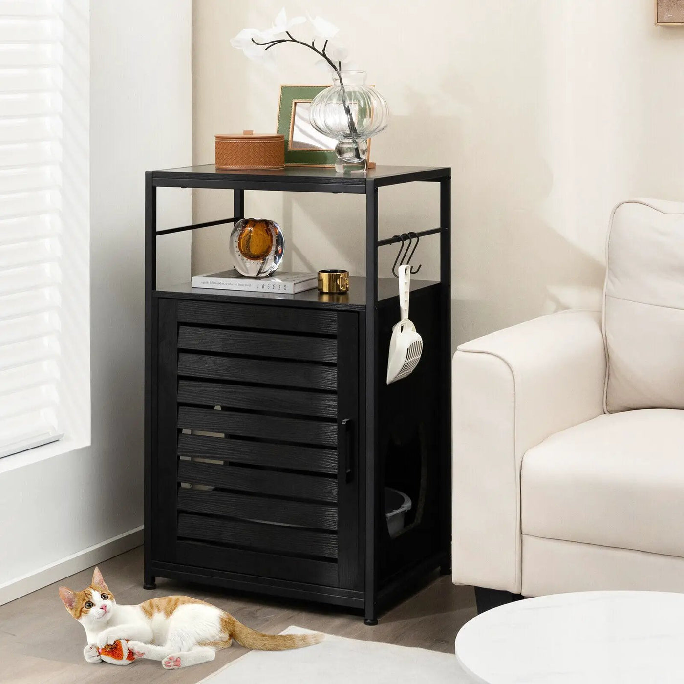 Cat Litter Box Enclosure with Louvered Door and 3-Tier Shelf by DirectDeals