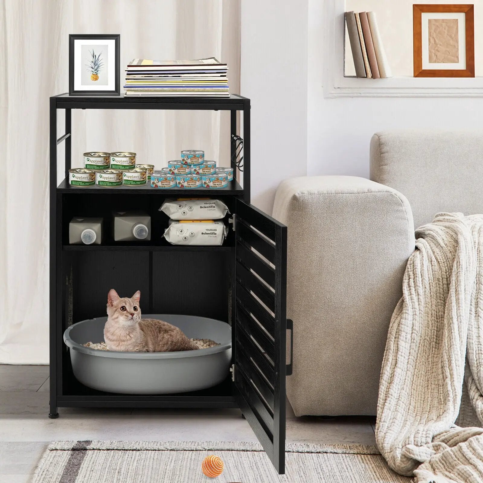 Cat Litter Box Enclosure with Louvered Door and 3-Tier Shelf by DirectDeals