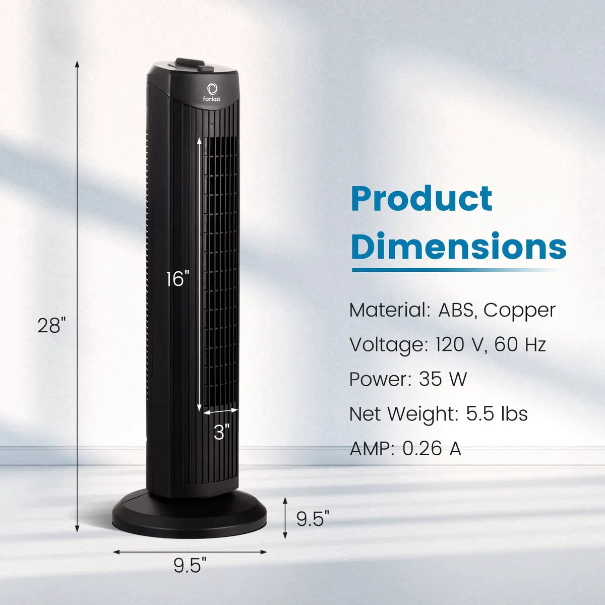 Fantask 35W 28 Inch Quiet Bladeless Oscillating Tower Fan by DirectDeals