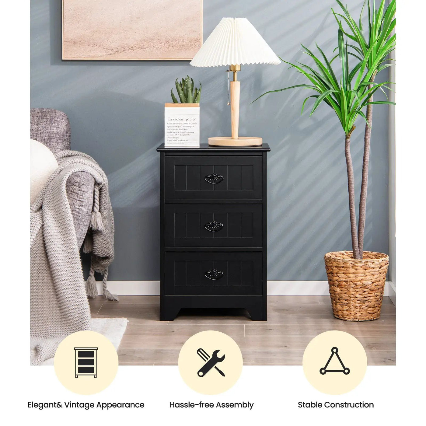 Farmhouse Nightstand with 3 Storage Drawers and Handles by DirectDeals