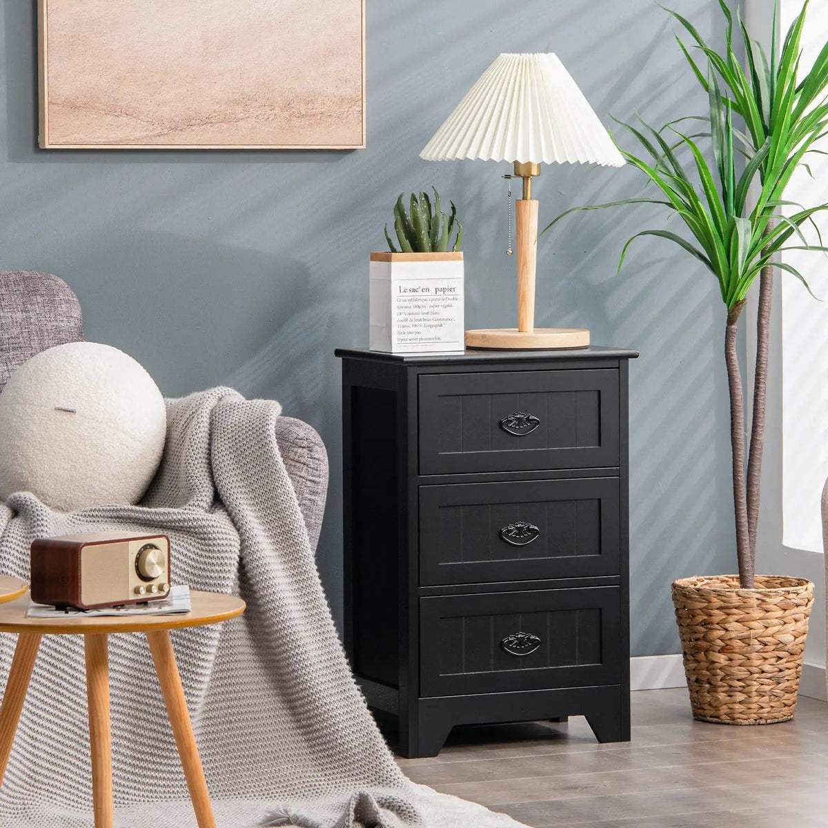 Farmhouse Nightstand with 3 Storage Drawers and Handles by DirectDeals