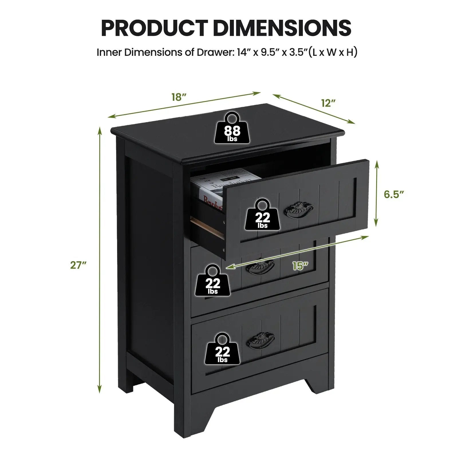 Farmhouse Nightstand with 3 Storage Drawers and Handles by DirectDeals