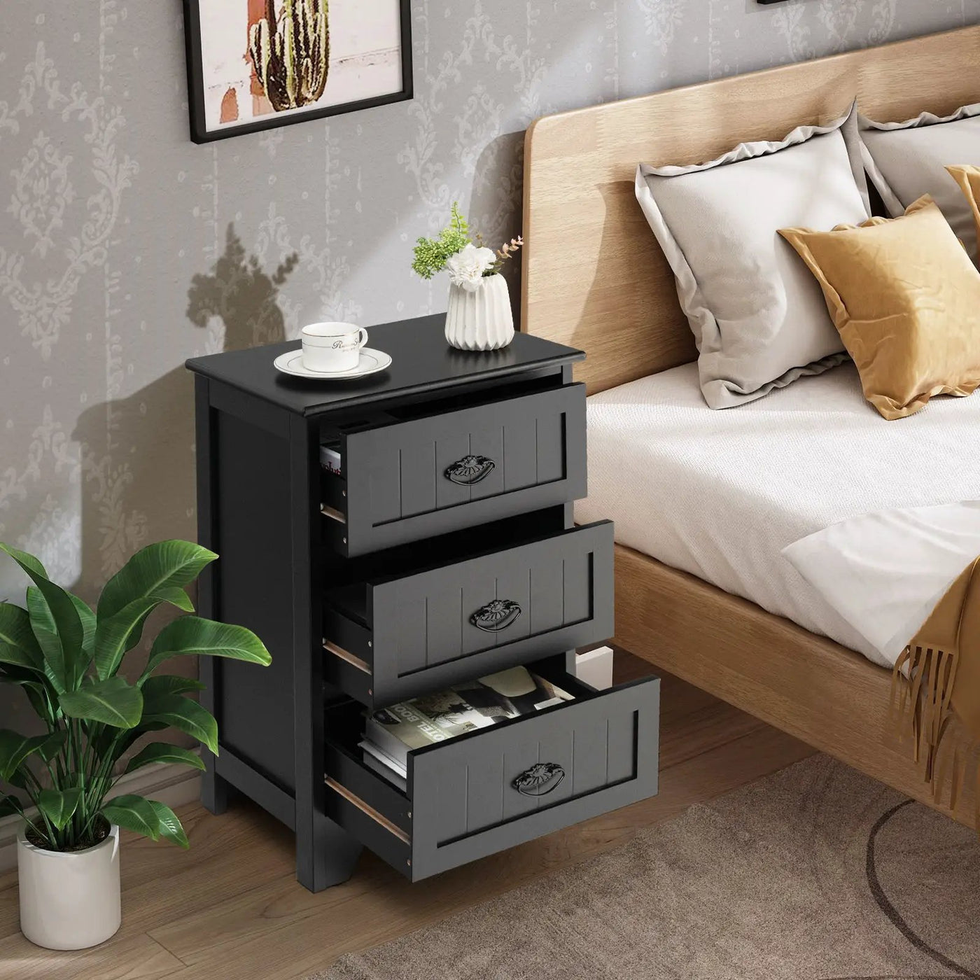 Farmhouse Nightstand with 3 Storage Drawers and Handles by DirectDeals