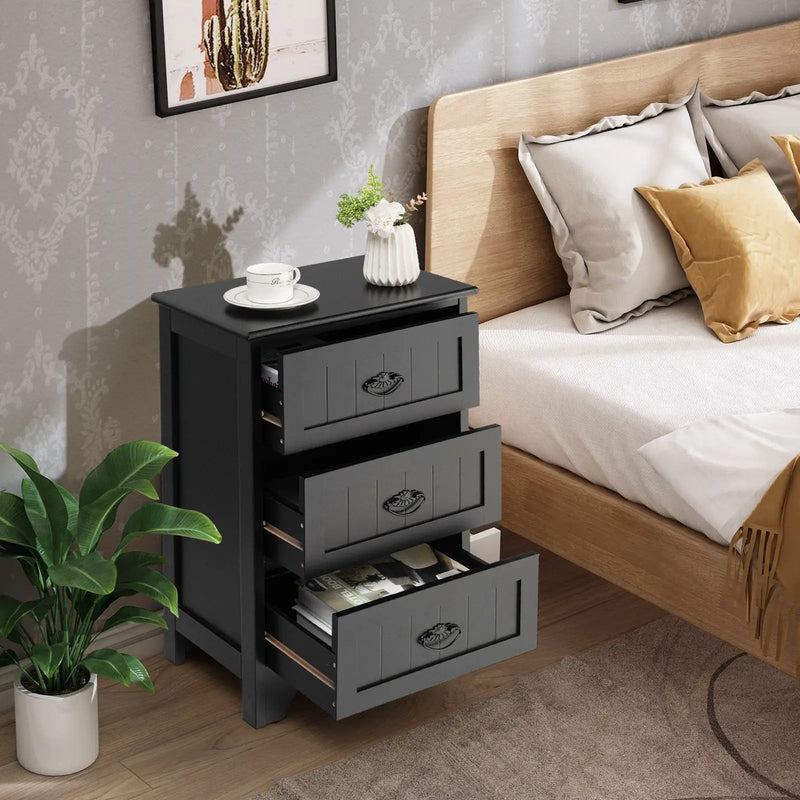Farmhouse Nightstand with 3 Storage Drawers and Handles by DirectDeals