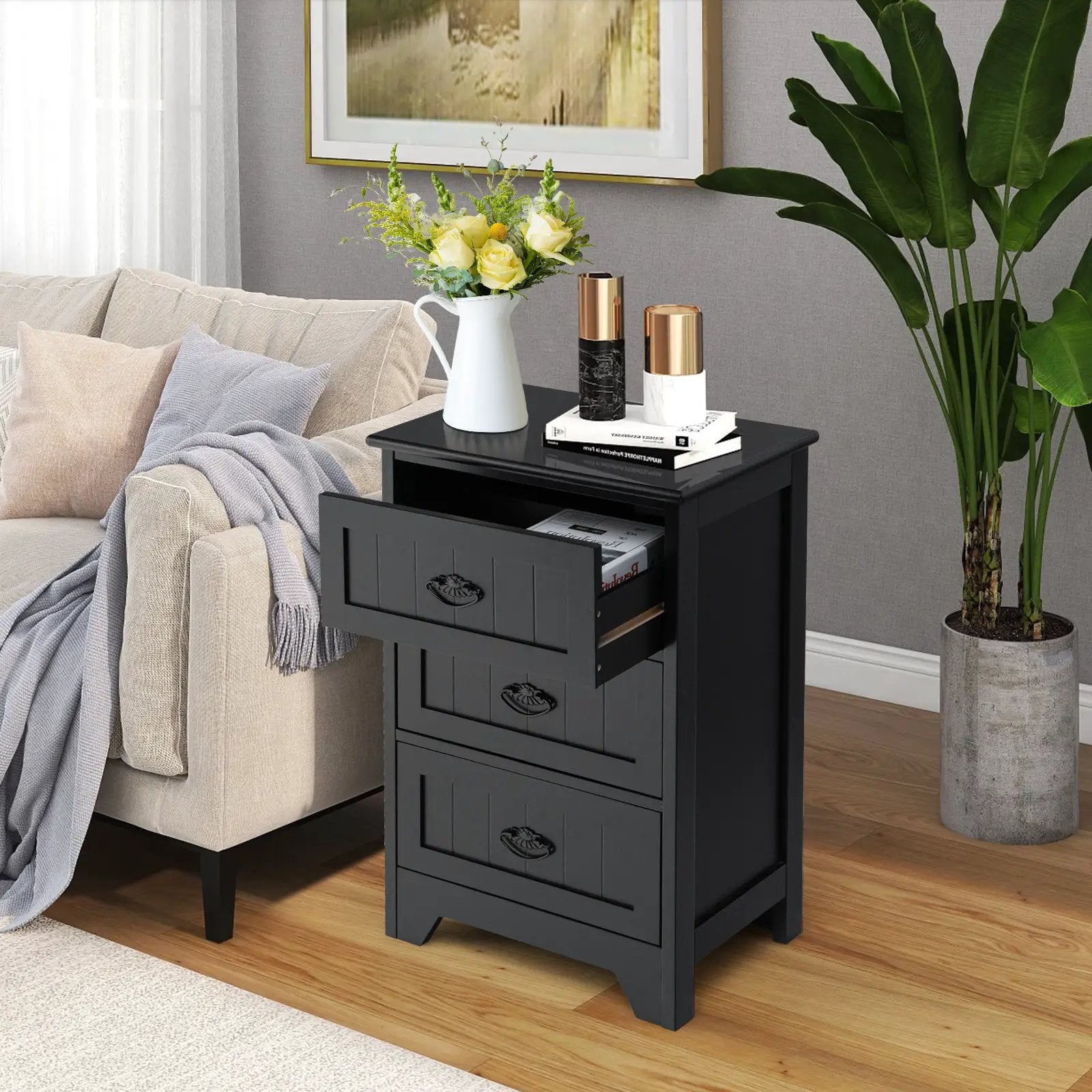 Farmhouse Nightstand with 3 Storage Drawers and Handles by DirectDeals