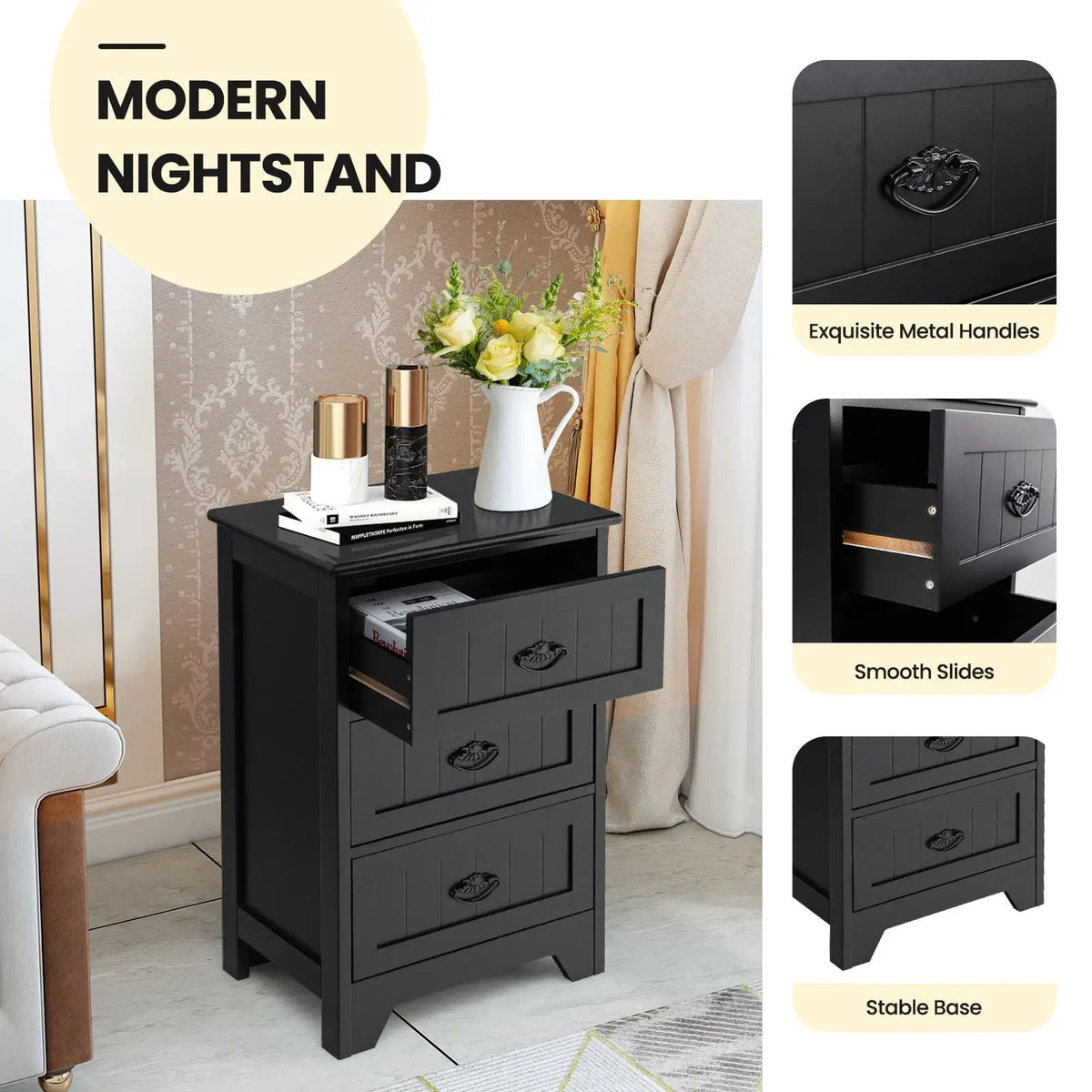 Farmhouse Nightstand with 3 Storage Drawers and Handles by DirectDeals