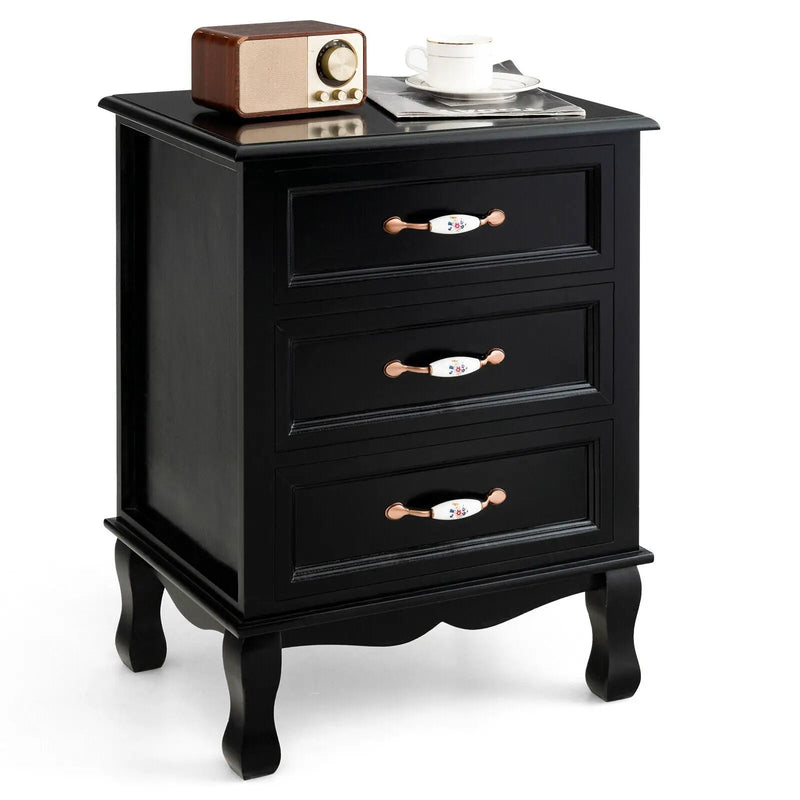 3 Drawers Nightstand with Solid Wood Legs for Living Room Bedroom-Black by DirectDeals