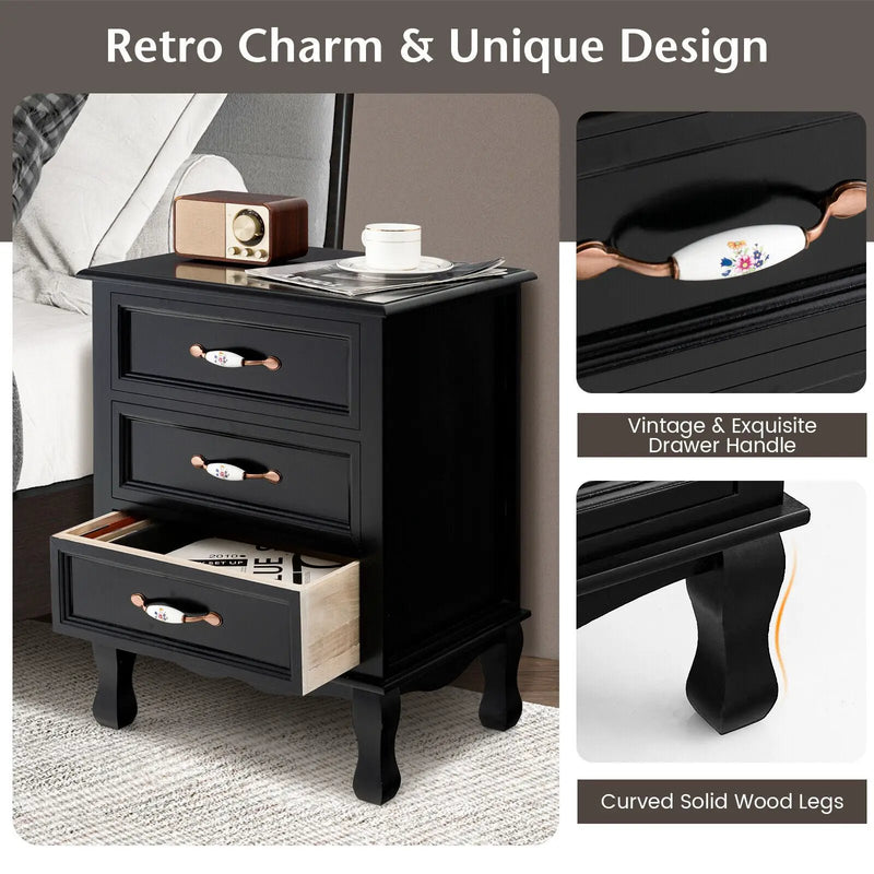 3 Drawers Nightstand with Solid Wood Legs for Living Room Bedroom-Black by DirectDeals