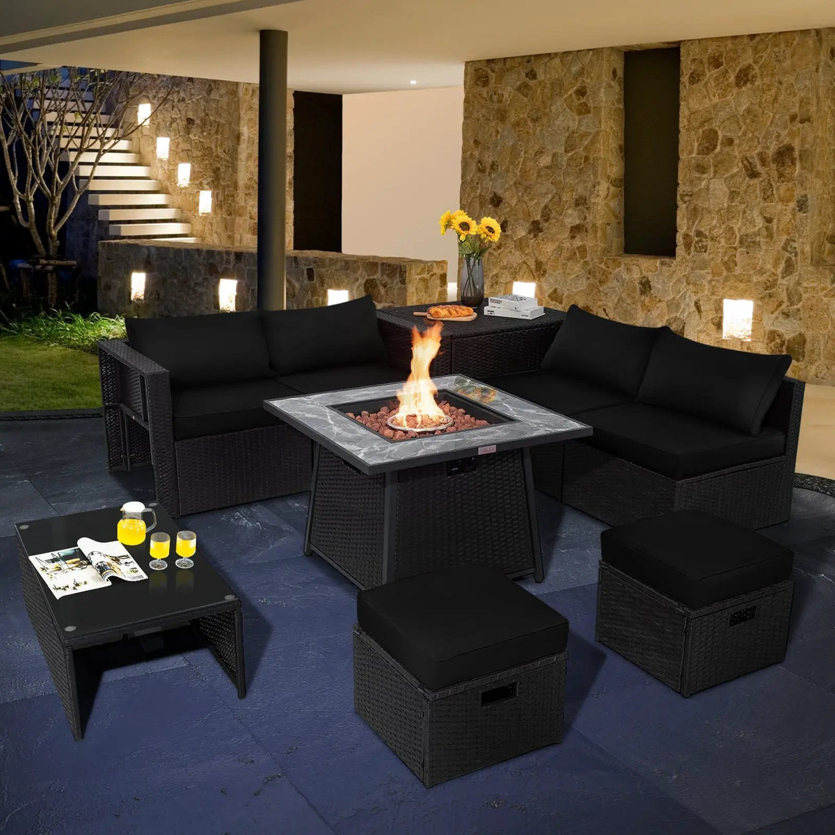 9 Pieces Outdoor Wicker Sectional with 35 Inch Gas Fire Pit Table by DirectDeals