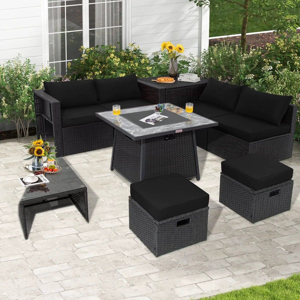 9 Pieces Outdoor Wicker Sectional with 35 Inch Gas Fire Pit Table by DirectDeals