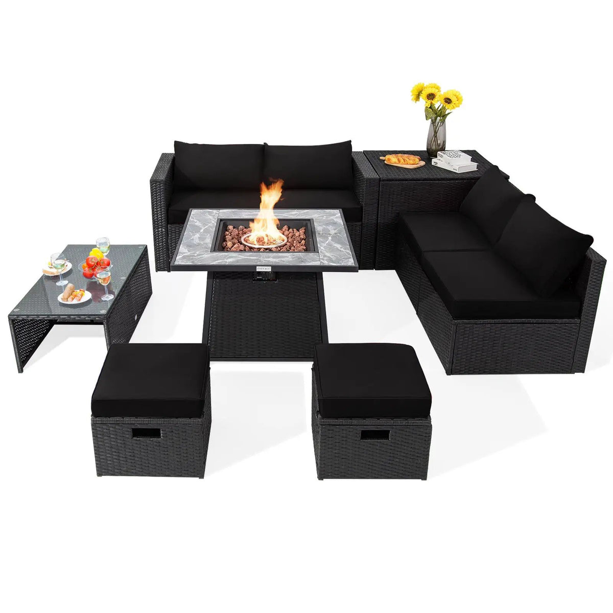 9 Pieces Outdoor Wicker Sectional with 35 Inch Gas Fire Pit Table by DirectDeals