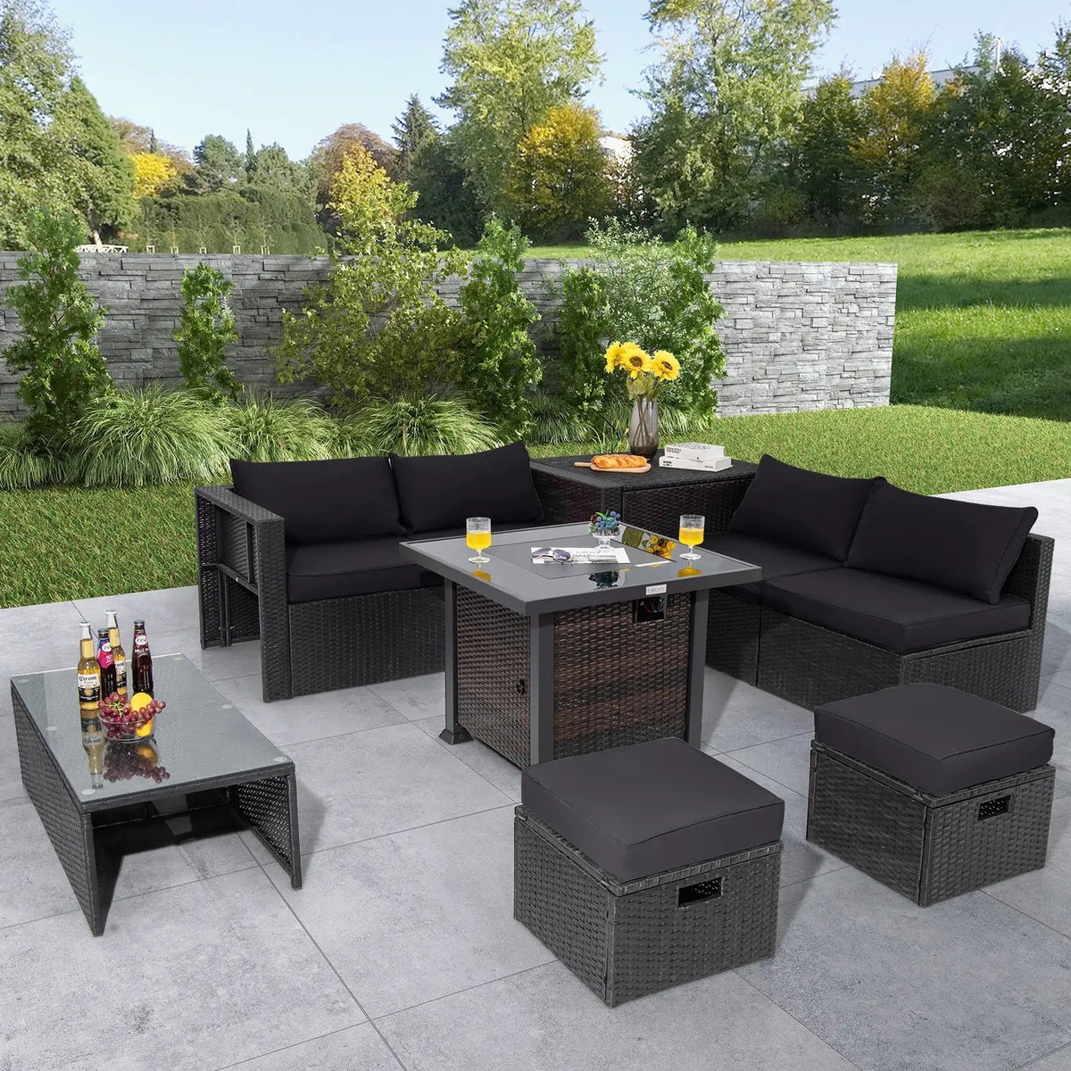 9 Pieces Patio Furniture Set with 32‚Äù Fire Pit Table and 50000 BTU Square Propane Fire Pit by DirectDeals
