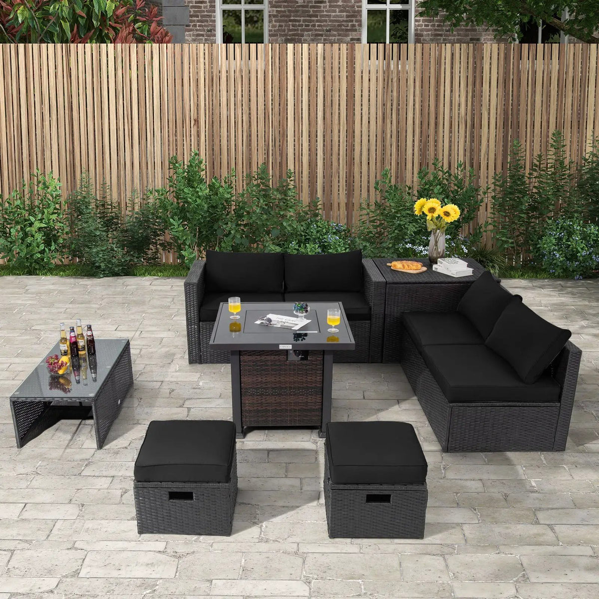 9 Pieces Patio Furniture Set with 32‚Äù Fire Pit Table and 50000 BTU Square Propane Fire Pit by DirectDeals