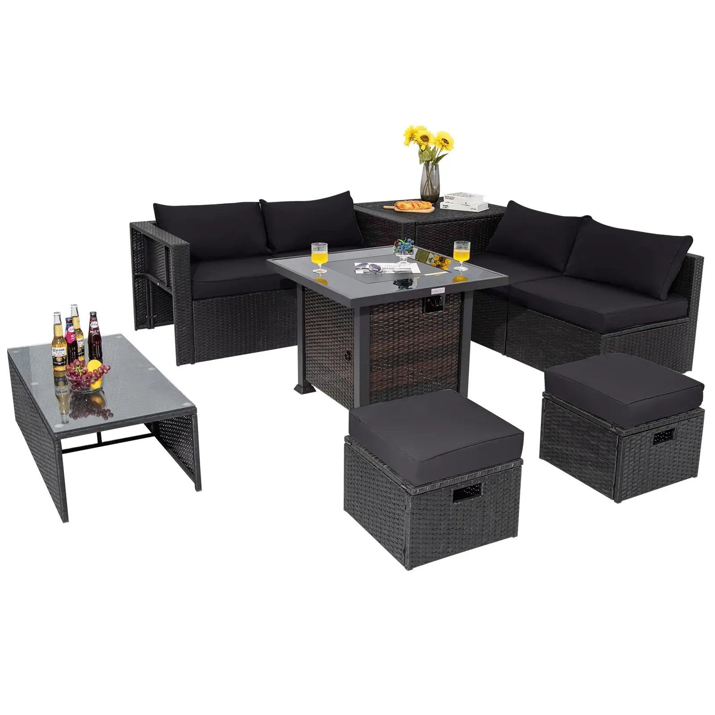 9 Pieces Patio Furniture Set with 32‚Äù Fire Pit Table and 50000 BTU Square Propane Fire Pit by DirectDeals