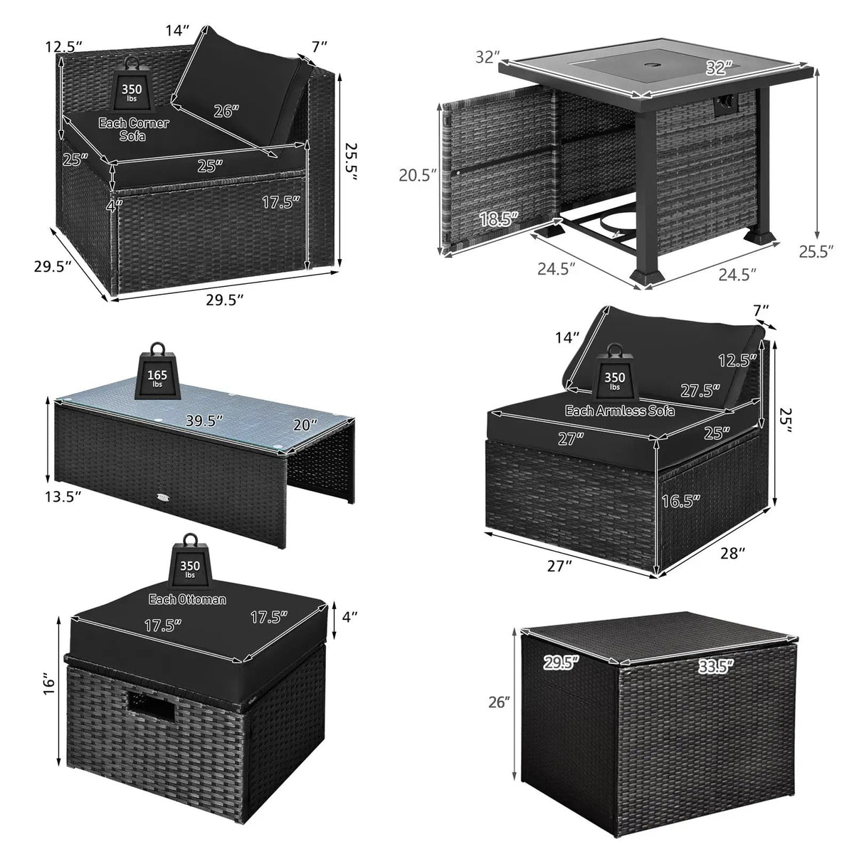 9 Pieces Patio Furniture Set with 32‚Äù Fire Pit Table and 50000 BTU Square Propane Fire Pit by DirectDeals