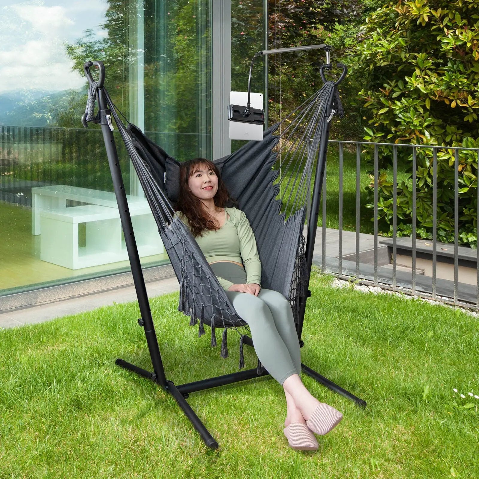 Height Adjustable Hammock Chair with Phone Holder and Side Pocket-Gray by DirectDeals