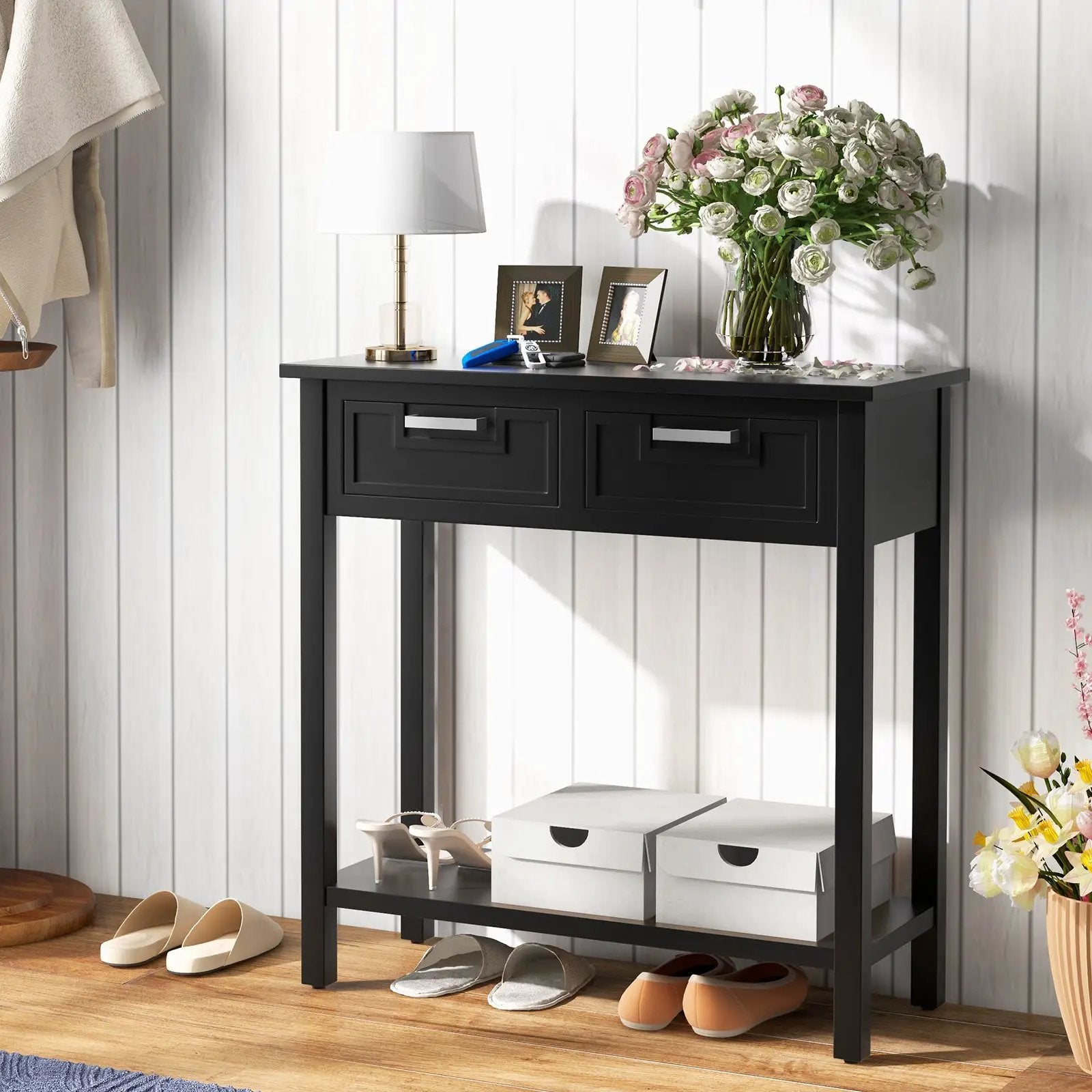 Narrow Console Table with Drawers and Open Storage Shelf by DirectDeals