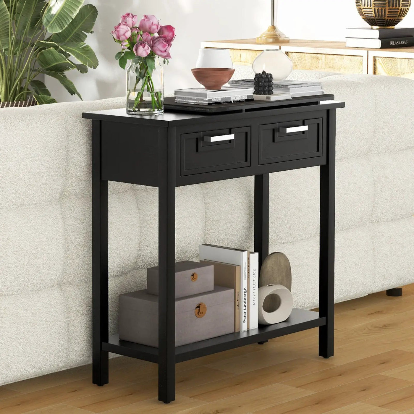 Narrow Console Table with Drawers and Open Storage Shelf by DirectDeals