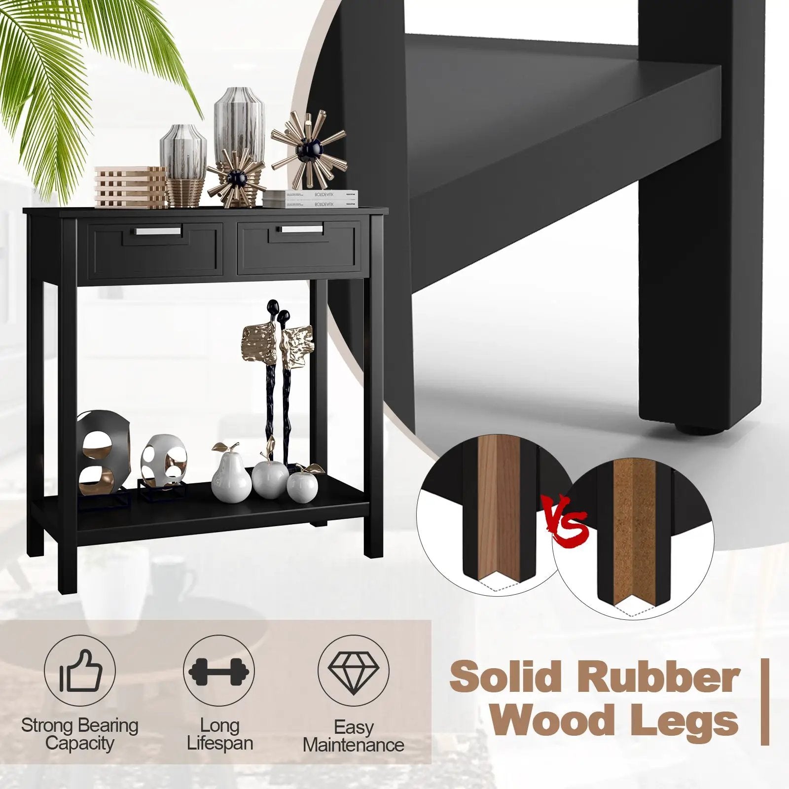 Narrow Console Table with Drawers and Open Storage Shelf by DirectDeals