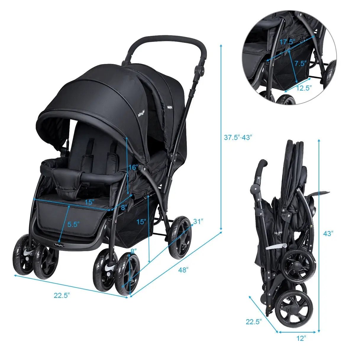 Foldable Lightweight Front Back Seats Double Baby Stroller by DirectDeals