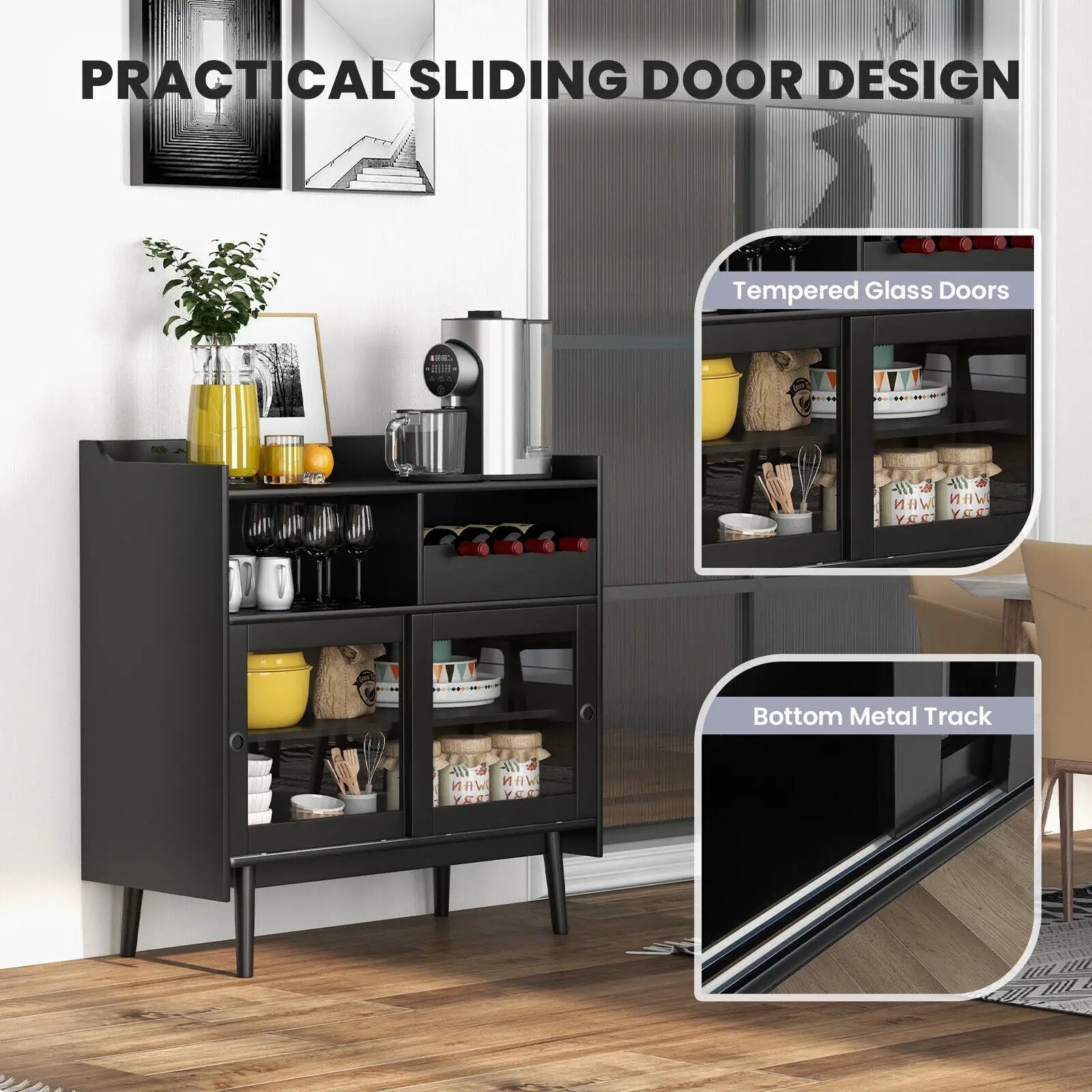 Kitchen Buffet Sideboard with Wine Rack and Sliding Door-Black by DirectDeals