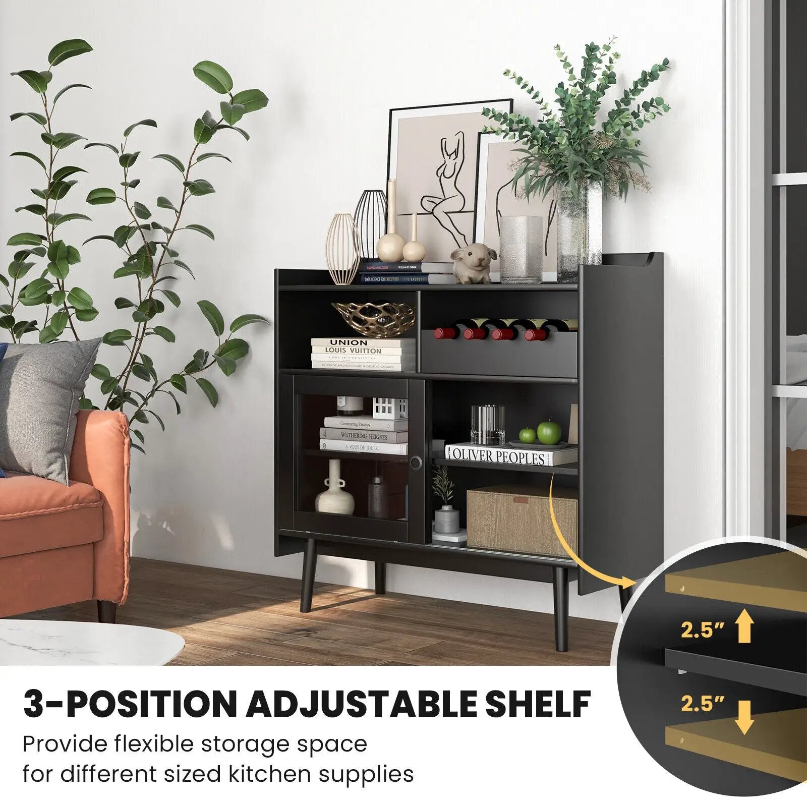 Kitchen Buffet Sideboard with Wine Rack and Sliding Door-Black by DirectDeals